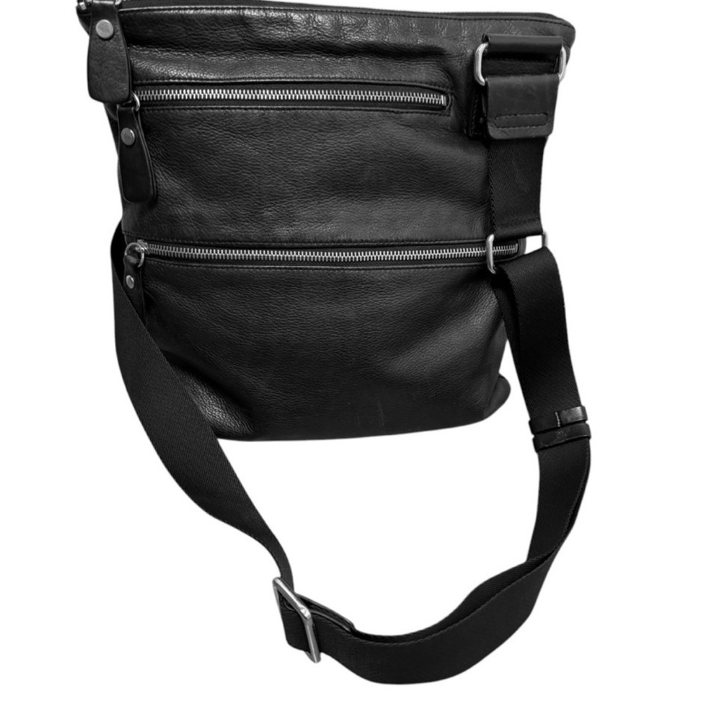 Margot large Messenger Bag,Black Leather, adjustable canvas, strap,13”x12”